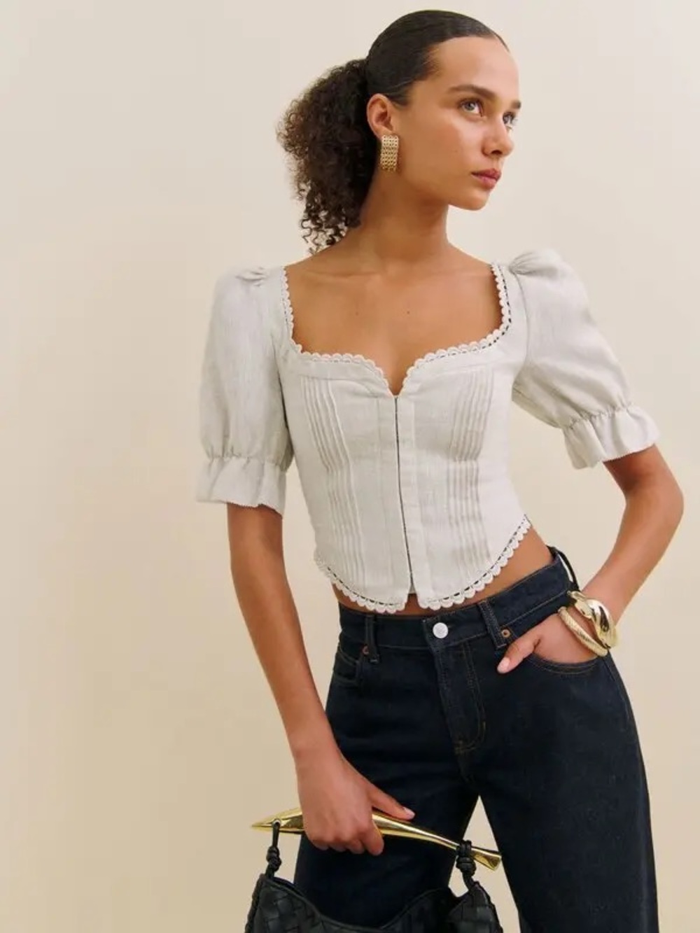 Reformation Oatmeal Simmie Linen Top